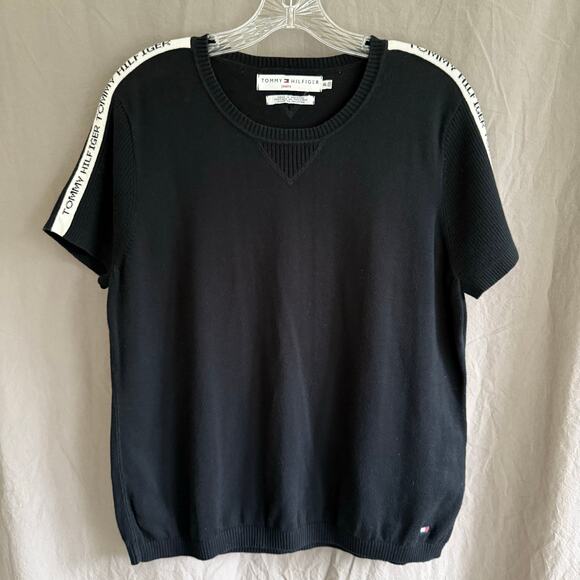 Retro Tommy Hilfiger Short Sleeve Top Logo Tape Sweater Knit Y2K Blokette Sz XL - Picture 1 of 13